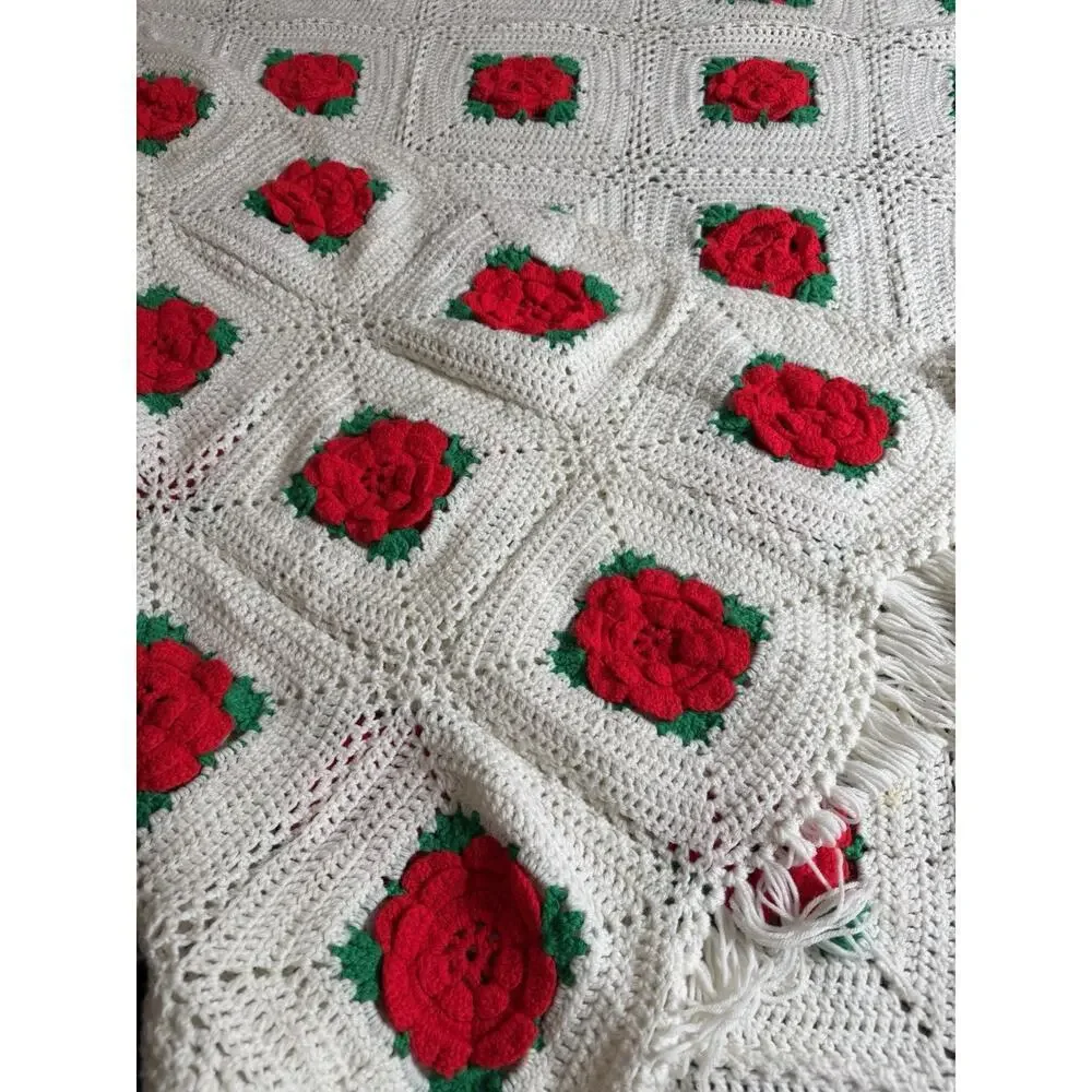 Vintage Handmade Crochet Afghan Blanket Red Roses Flower Throw XL 90in X 80in